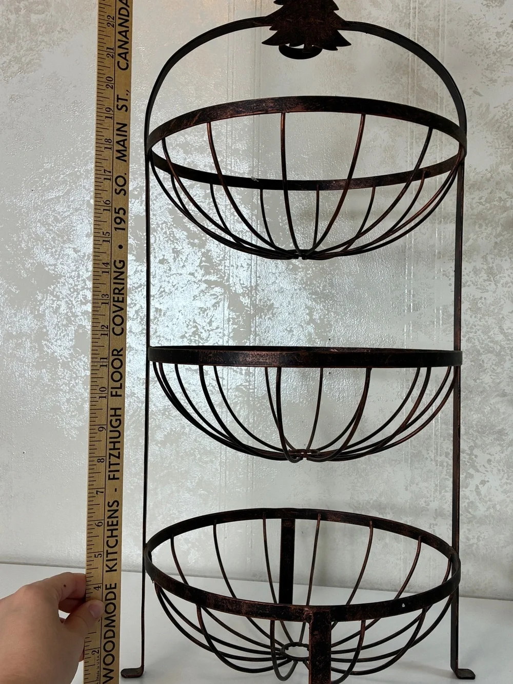 Rustic Three-Tier Metal Wall Basket - Copper Brown